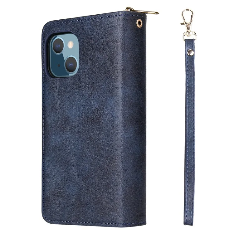 Anti-scratch PU Leather Phone Case For iPhone 14 Plus, 9 Card Holder Slots Magnetic Closure Zipper Pocket Flip Wallet Cover Stand with Strap - Blue