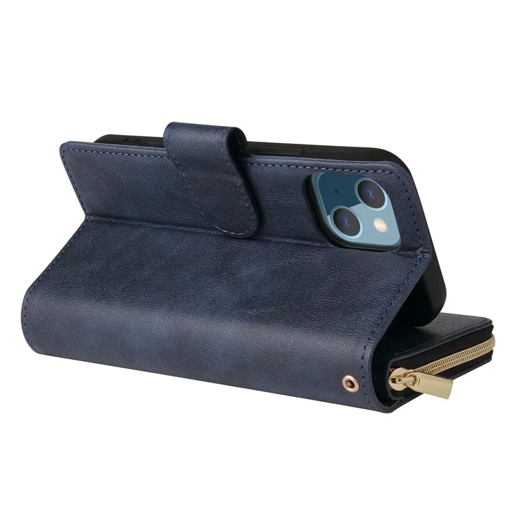 Anti-scratch PU Leather Phone Case For iPhone 14 Plus, 9 Card Holder Slots Magnetic Closure Zipper Pocket Flip Wallet Cover Stand with Strap - Blue