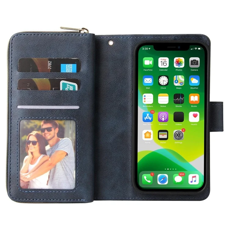 Anti-scratch PU Leather Phone Case For iPhone 14 Plus, 9 Card Holder Slots Magnetic Closure Zipper Pocket Flip Wallet Cover Stand with Strap - Blue