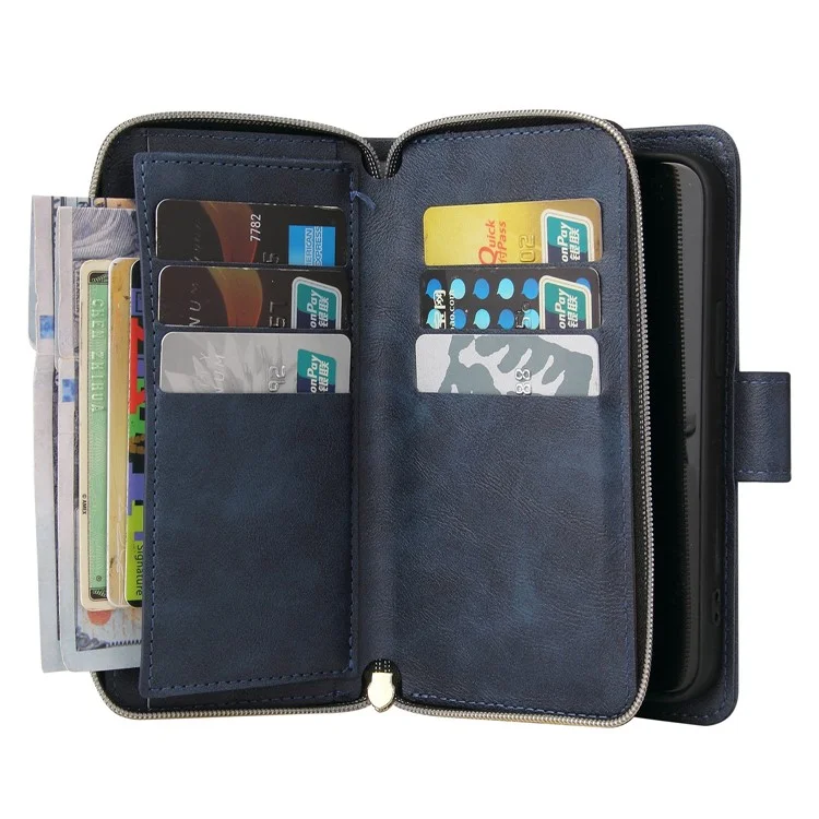 Anti-scratch PU Leather Phone Case For iPhone 14 Plus, 9 Card Holder Slots Magnetic Closure Zipper Pocket Flip Wallet Cover Stand with Strap - Blue