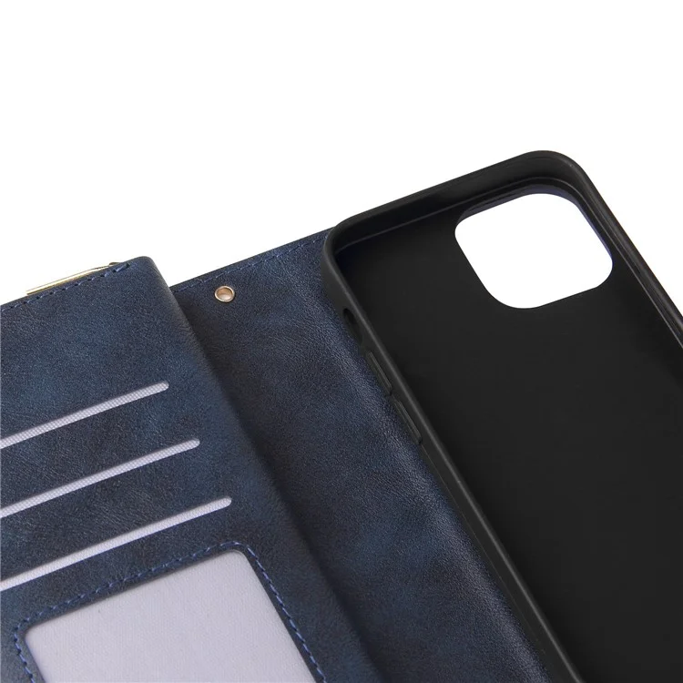 Anti-scratch PU Leather Phone Case For iPhone 14 Plus, 9 Card Holder Slots Magnetic Closure Zipper Pocket Flip Wallet Cover Stand with Strap - Blue