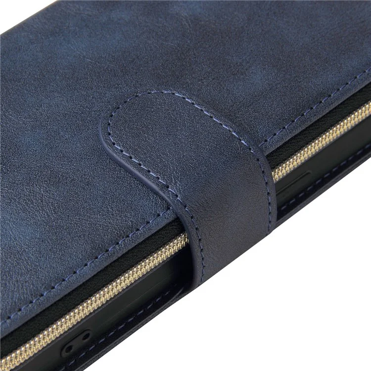 Anti-scratch PU Leather Phone Case For iPhone 14 Plus, 9 Card Holder Slots Magnetic Closure Zipper Pocket Flip Wallet Cover Stand with Strap - Blue