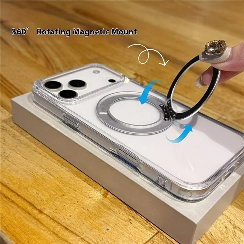 Чехол для iPhone 17 Pro Max совместимый с MagSafe с вращающейся подставкой из ТПУ и ПК, прозрачный