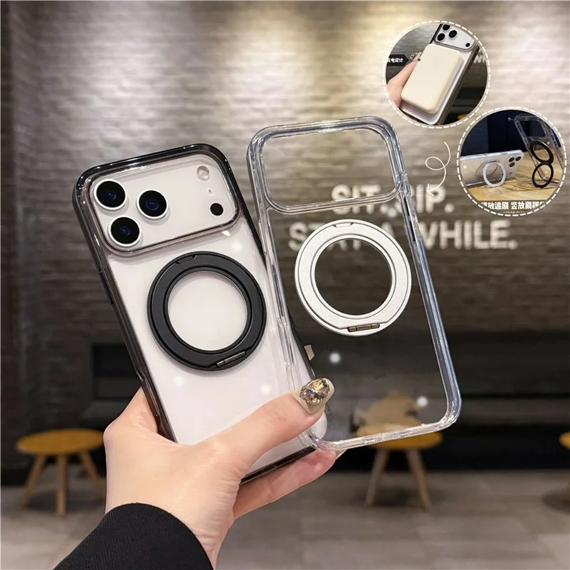For iPhone 17 Pro Max Case Compatible with MagSafe Rotating Kickstand TPU PC Phone Back Cover - Transparent Black