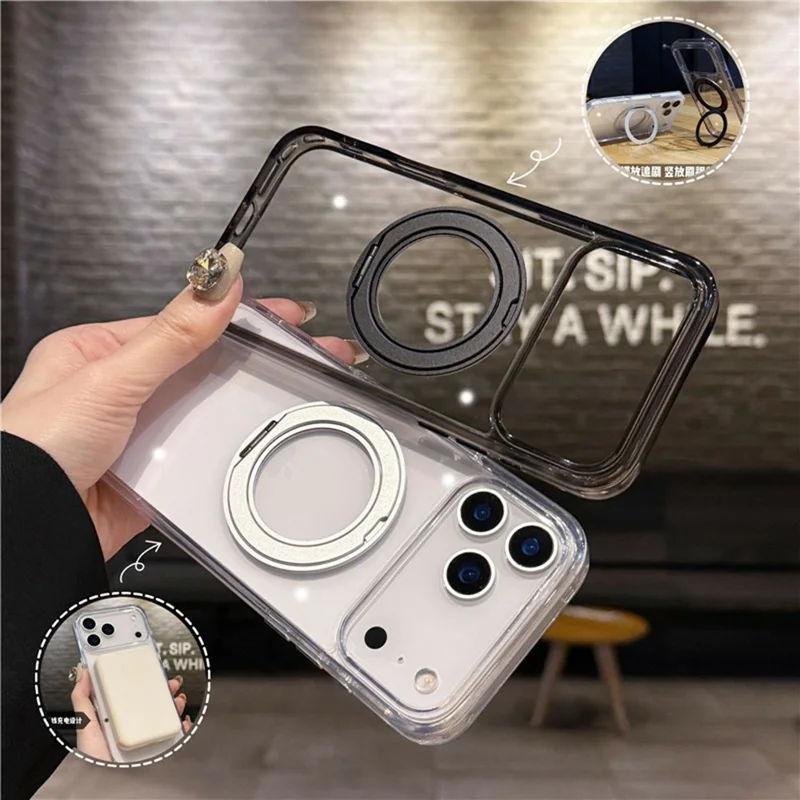 For iPhone 17 Pro Max Case Compatible with MagSafe Rotating Kickstand TPU PC Phone Back Cover - Transparent Black
