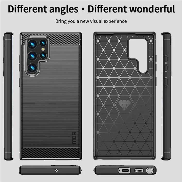 MOFI JK TPU Series-1 for Samsung Galaxy S23 Ultra Carbon Fiber Texture Anti-fingerprint Phone Case Soft TPU Brushed Protective Cover - Black