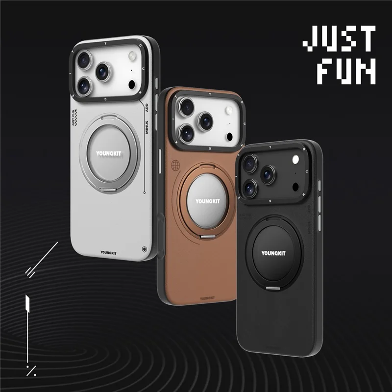YOUNGKIT Fodral för iPhone 17 Pro Rotationsbar ställfot Skållsäkert TPU + PU-läder Bakdelsfodral - Grå