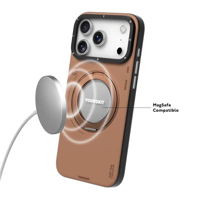 YOUNGKIT For iPhone 17 Pro Case Rotating Kickstand Shockproof TPU + PU Leather Phone Back Cover - Brown