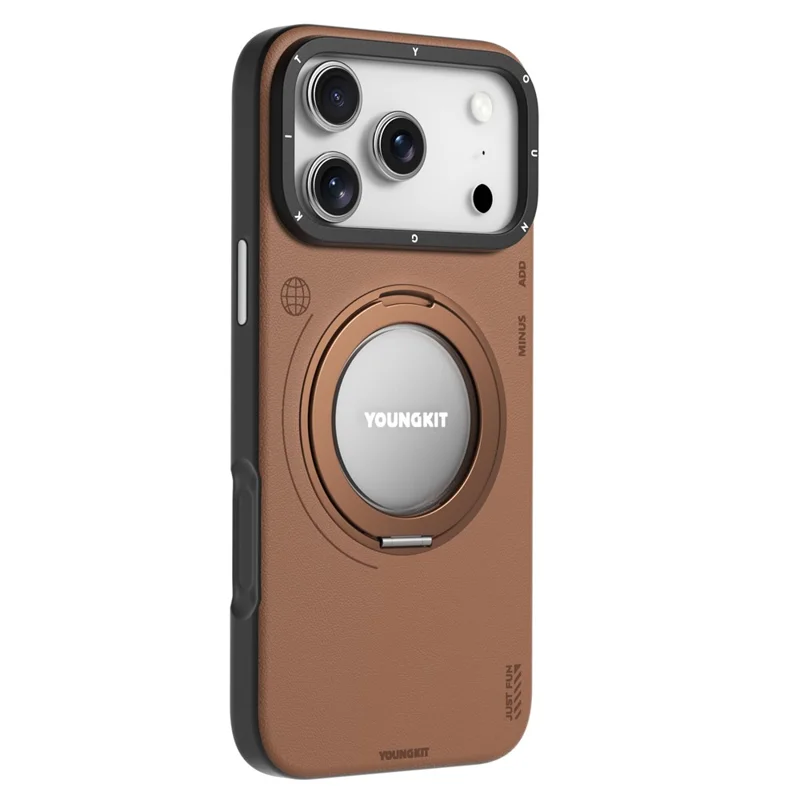YOUNGKIT For iPhone 17 Pro Max Case Rotating Kickstand Shockproof TPU + PU Leather Phone Back Cover - Brown