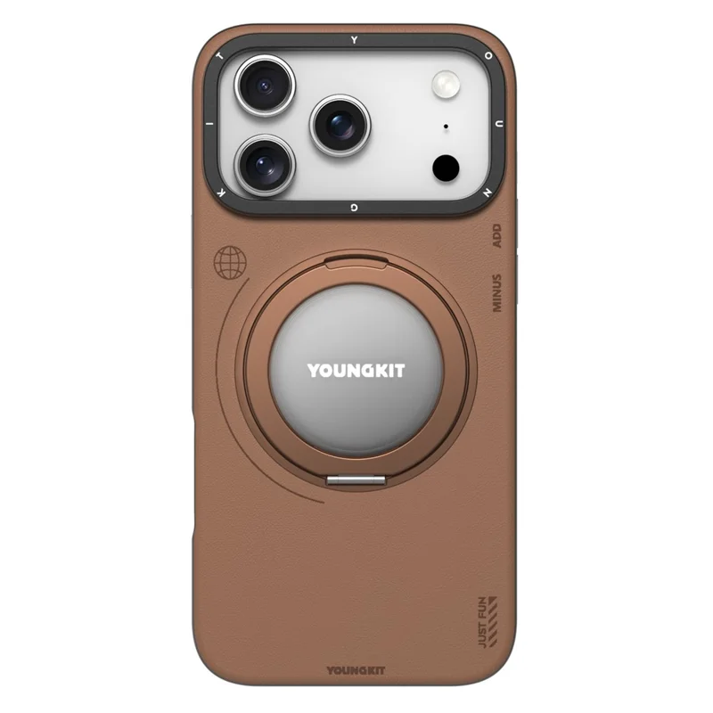 YOUNGKIT For iPhone 17 Pro Max Case Rotating Kickstand Shockproof TPU + PU Leather Phone Back Cover - Brown