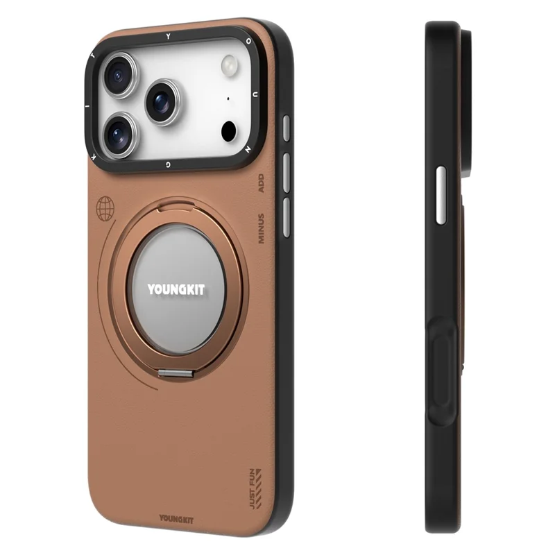 YOUNGKIT For iPhone 17 Pro Max Case Rotating Kickstand Shockproof TPU + PU Leather Phone Back Cover - Brown