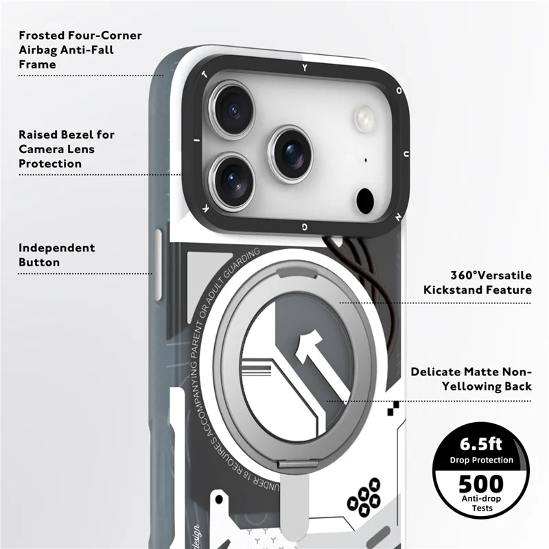 YOUNGKIT for iPhone 17 Pro Max Magnetic Case Rotating Kickstand IMD TPU Phone Cover - White