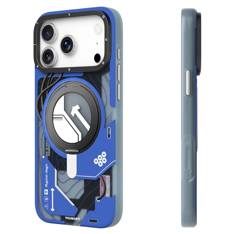 YOUNGKIT for iPhone 17 Pro Magnetic Case Rotating Kickstand IMD TPU Phone Cover - Blue