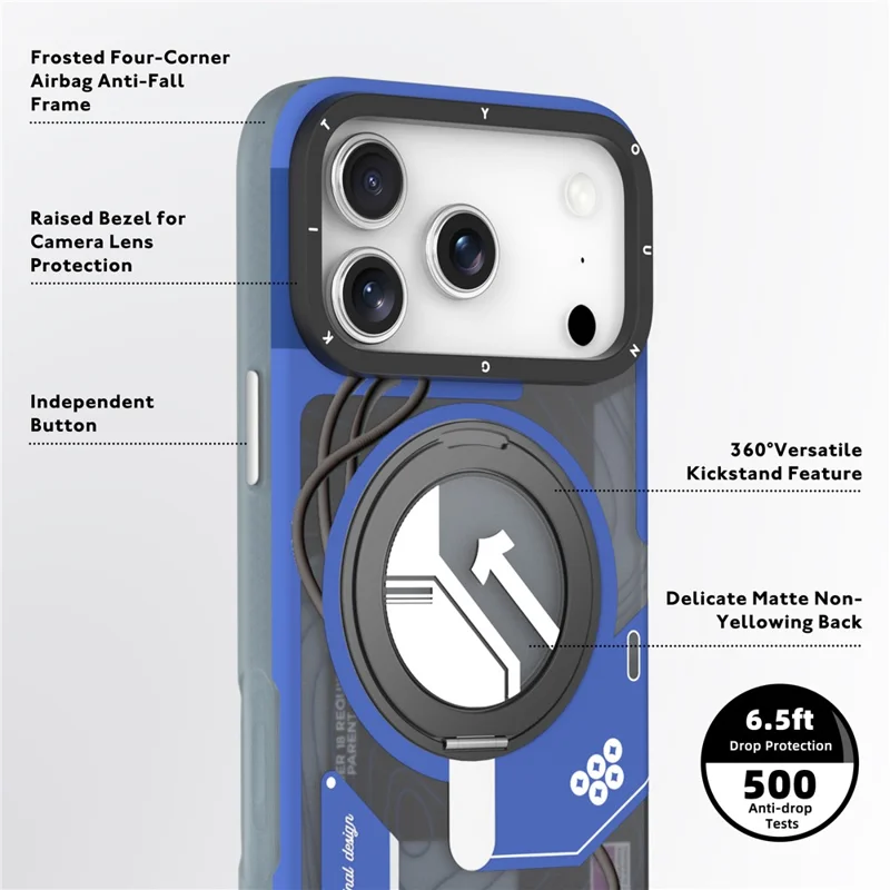 YOUNGKIT for iPhone 17 Pro Magnetic Case Rotating Kickstand IMD TPU Phone Cover - Blue