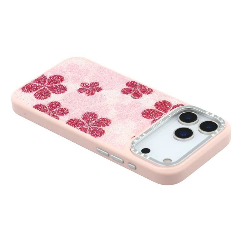 JAUCASE For iPhone 17 Pro Max Magnetic Case Glitter Flower Pattern PU + TPU + PC Phone Back Cover - Pink