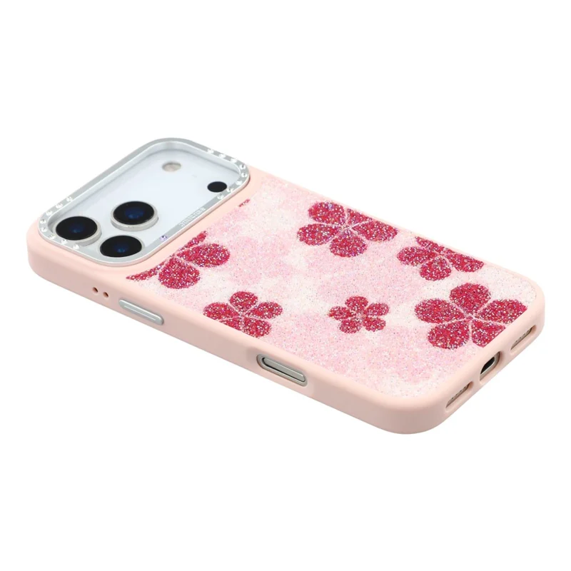 JAUCASE For iPhone 17 Pro Max Magnetic Case Glitter Flower Pattern PU + TPU + PC Phone Back Cover - Pink