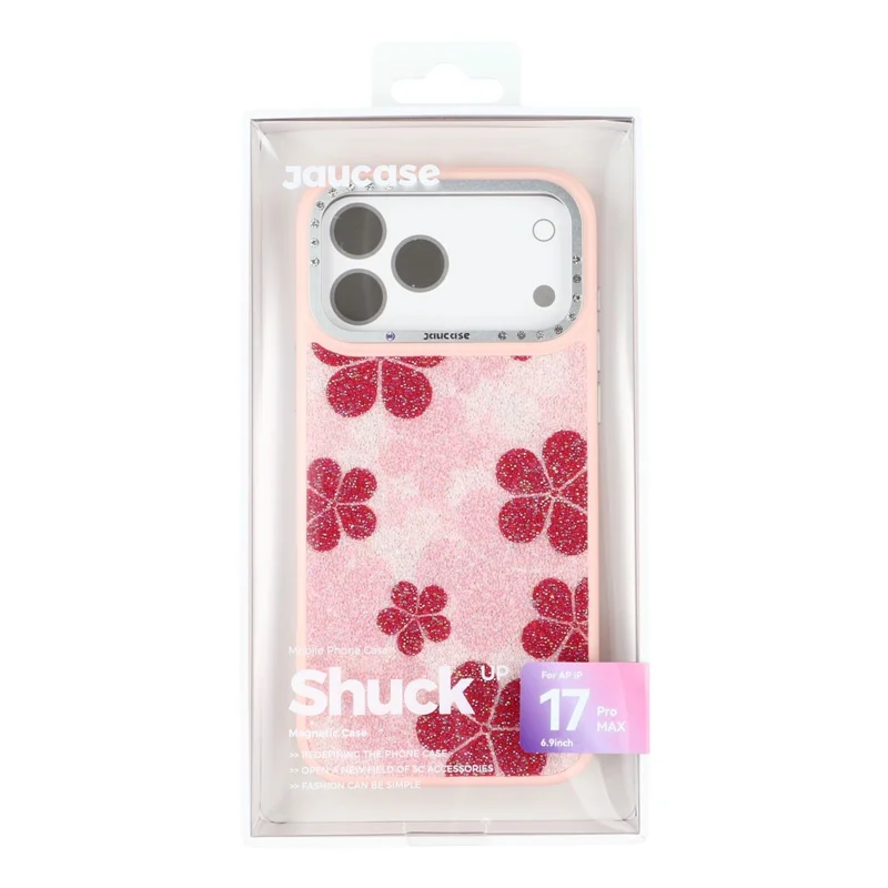 JAUCASE For iPhone 17 Pro Max Magnetic Case Glitter Flower Pattern PU + TPU + PC Phone Back Cover - Pink