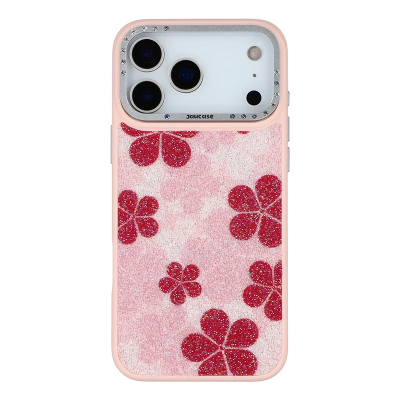 JAUCASE For iPhone 17 Pro Magnetic Case Glitter Flower Pattern PU + TPU + PC Phone Back Cover - Pink