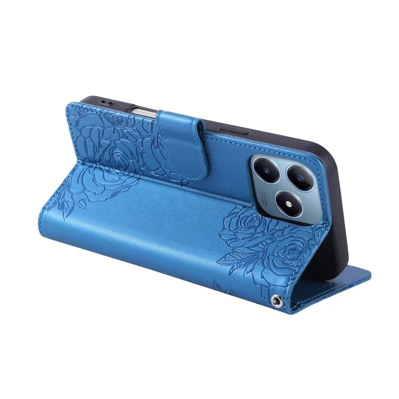 Leather Case for Realme C61 4G / C61 (India) 4G / C63 4G Rose Flower Wallet Phone Cover with 3 Card Slots / Wrist Strap - Blue