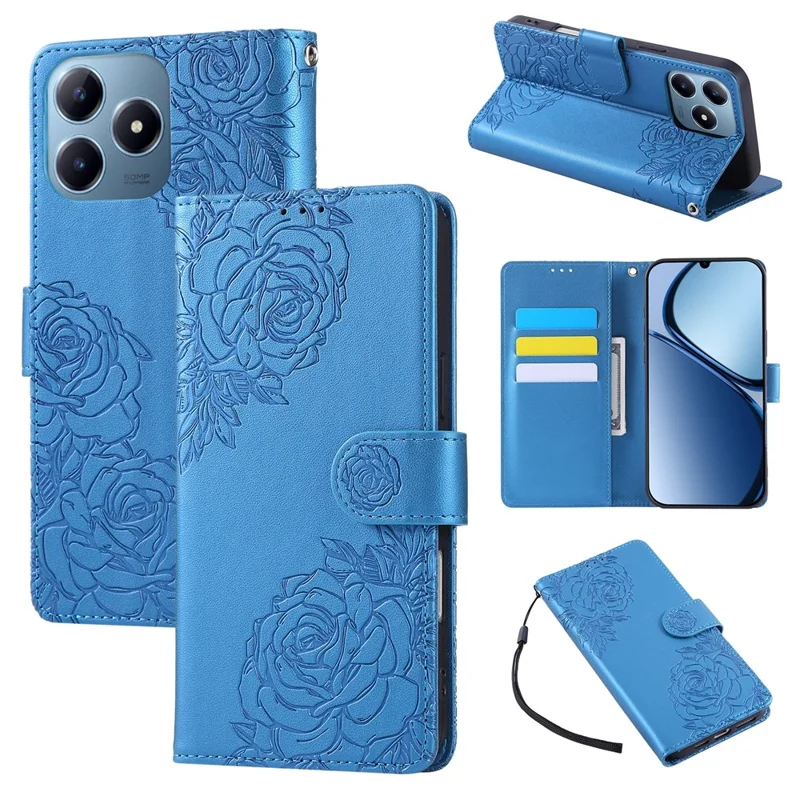 Leather Case for Realme Note 60x 4G / Note 60 / Narzo N63 4G Rose Flower Wallet Phone Cover with 3 Card Slots / Wrist Strap - Blue