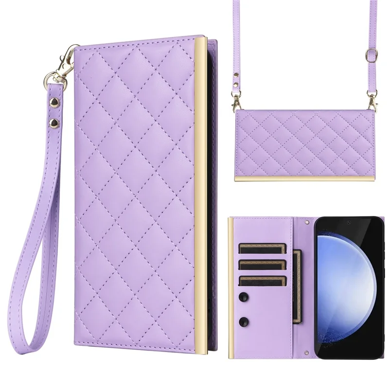 For Samsung Galaxy S25 FE Case Suction Cup PU Leather Wallet Phone Cover with Straps - Purple