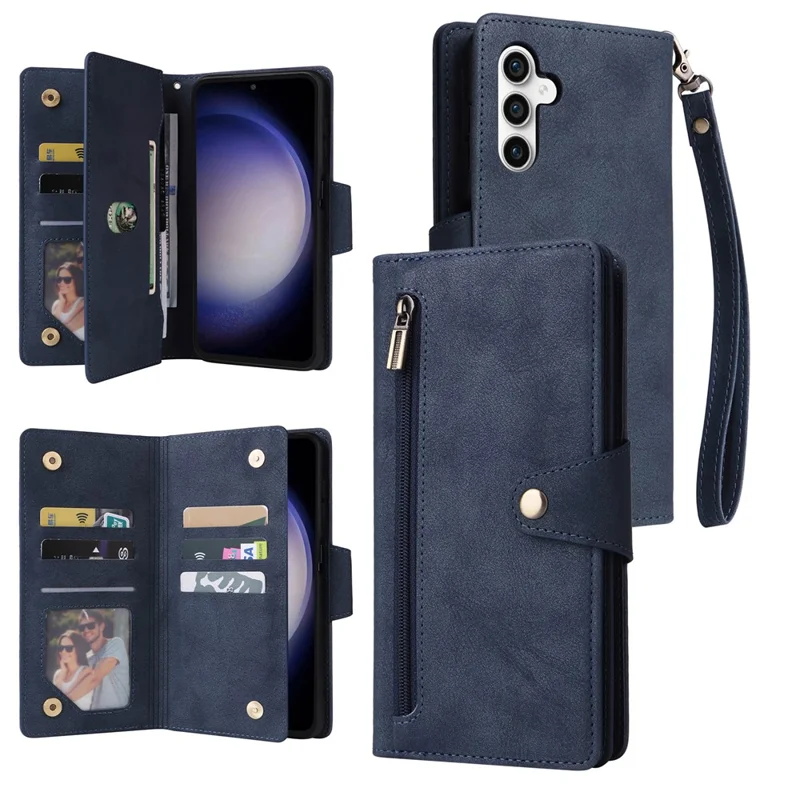 For Samsung Galaxy S25 FE Case Zipper Wallet Rivet Decor Leather Phone Cover with Wrist Strap - Blue