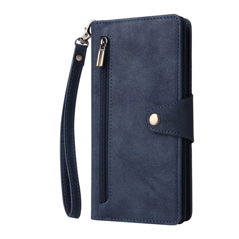 For Samsung Galaxy S25 FE Case Zipper Wallet Rivet Decor Leather Phone Cover with Wrist Strap - Blue