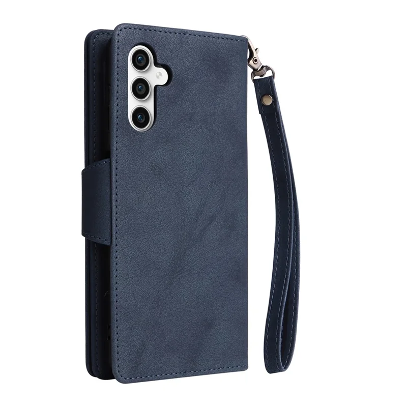 For Samsung Galaxy S25 FE Case Zipper Wallet Rivet Decor Leather Phone Cover with Wrist Strap - Blue