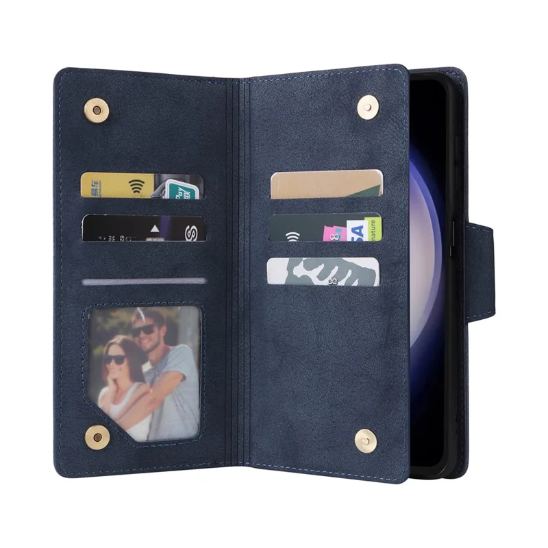 For Samsung Galaxy S25 FE Case Zipper Wallet Rivet Decor Leather Phone Cover with Wrist Strap - Blue