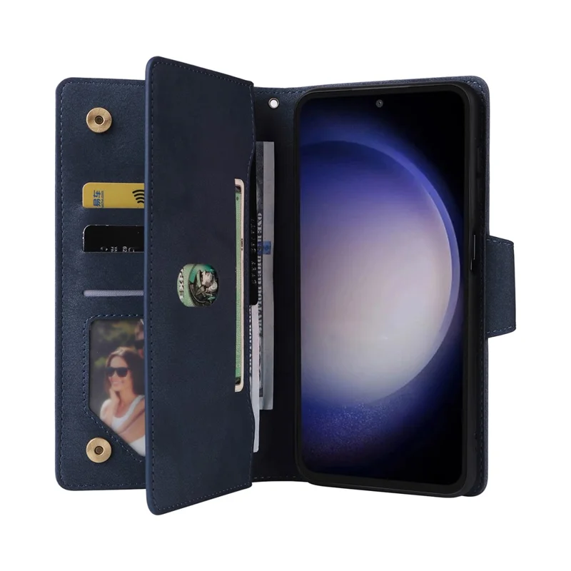 For Samsung Galaxy S25 FE Case Zipper Wallet Rivet Decor Leather Phone Cover with Wrist Strap - Blue