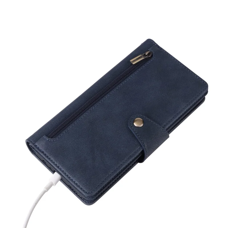 For Samsung Galaxy S25 FE Case Zipper Wallet Rivet Decor Leather Phone Cover with Wrist Strap - Blue
