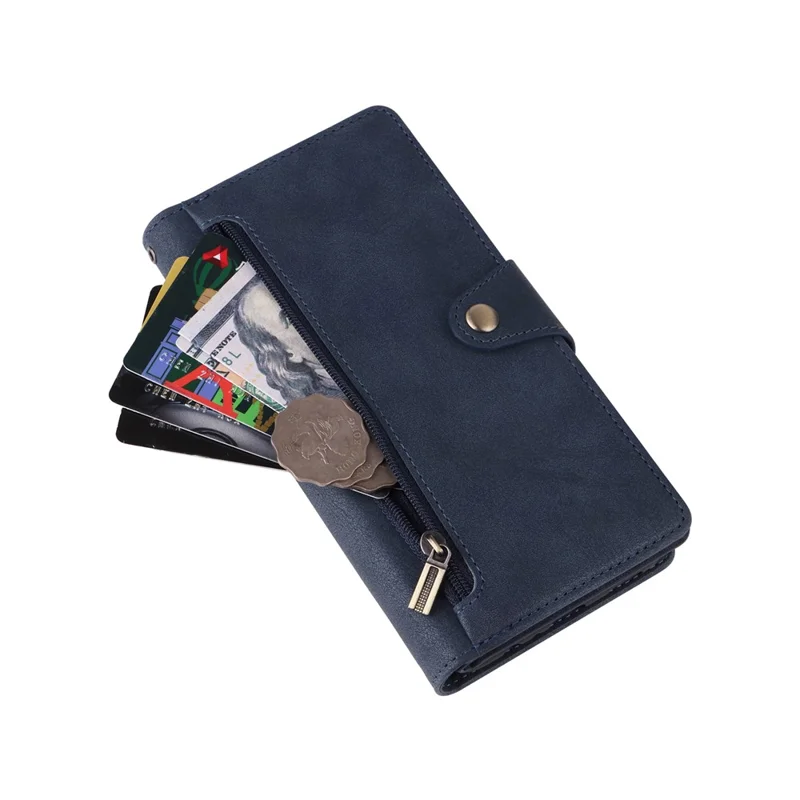 For Samsung Galaxy S25 FE Case Zipper Wallet Rivet Decor Leather Phone Cover with Wrist Strap - Blue