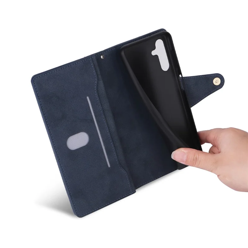 For Samsung Galaxy S25 FE Case Zipper Wallet Rivet Decor Leather Phone Cover with Wrist Strap - Blue