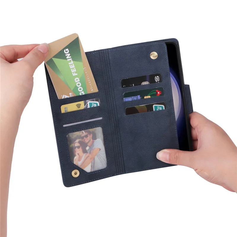 For Samsung Galaxy S25 FE Case Zipper Wallet Rivet Decor Leather Phone Cover with Wrist Strap - Blue