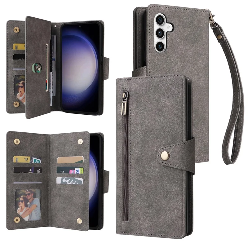 For Samsung Galaxy S25 FE Case Zipper Wallet Rivet Decor Leather Phone Cover with Wrist Strap - Grey