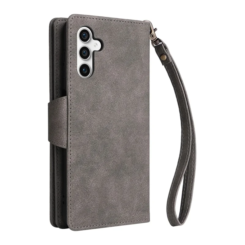 For Samsung Galaxy S25 FE Case Zipper Wallet Rivet Decor Leather Phone Cover with Wrist Strap - Grey