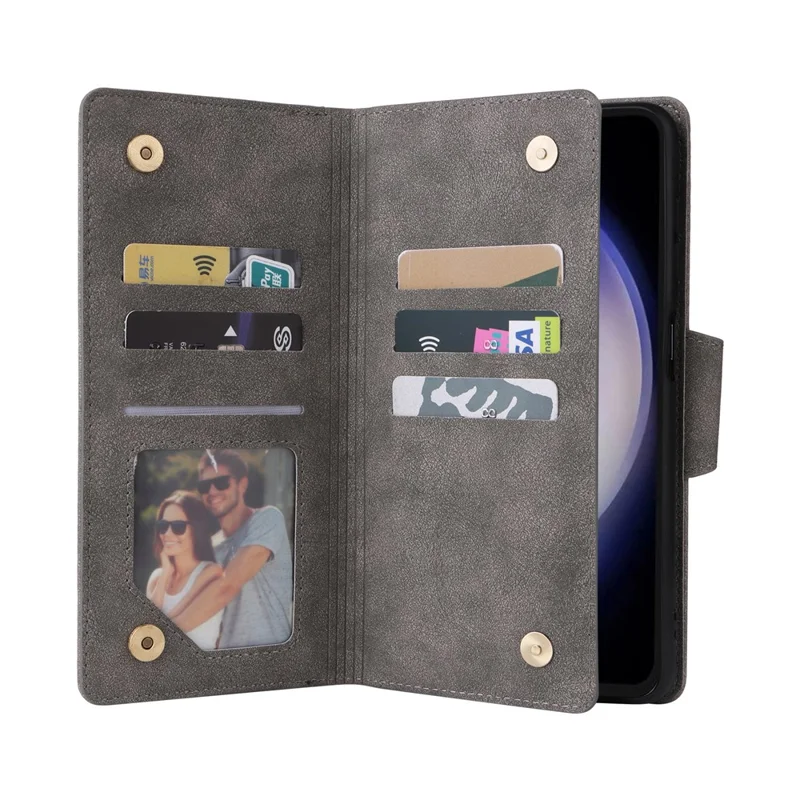 For Samsung Galaxy S25 FE Case Zipper Wallet Rivet Decor Leather Phone Cover with Wrist Strap - Grey