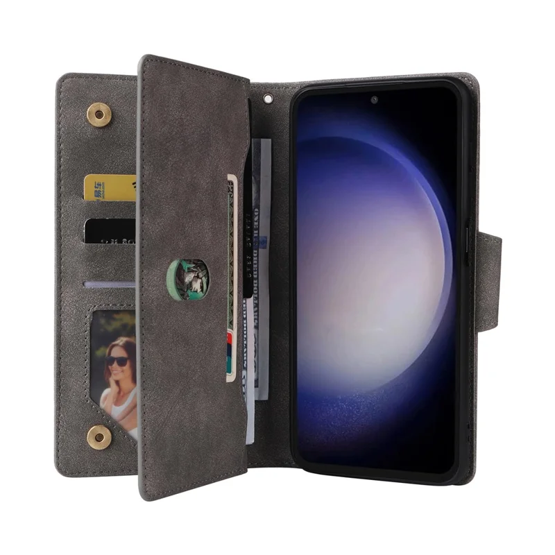 For Samsung Galaxy S25 FE Case Zipper Wallet Rivet Decor Leather Phone Cover with Wrist Strap - Grey