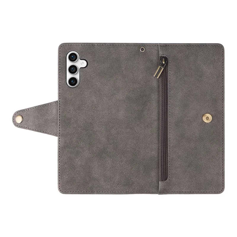 For Samsung Galaxy S25 FE Case Zipper Wallet Rivet Decor Leather Phone Cover with Wrist Strap - Grey