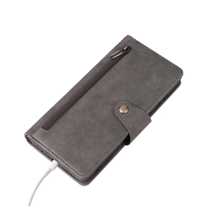 For Samsung Galaxy S25 FE Case Zipper Wallet Rivet Decor Leather Phone Cover with Wrist Strap - Grey