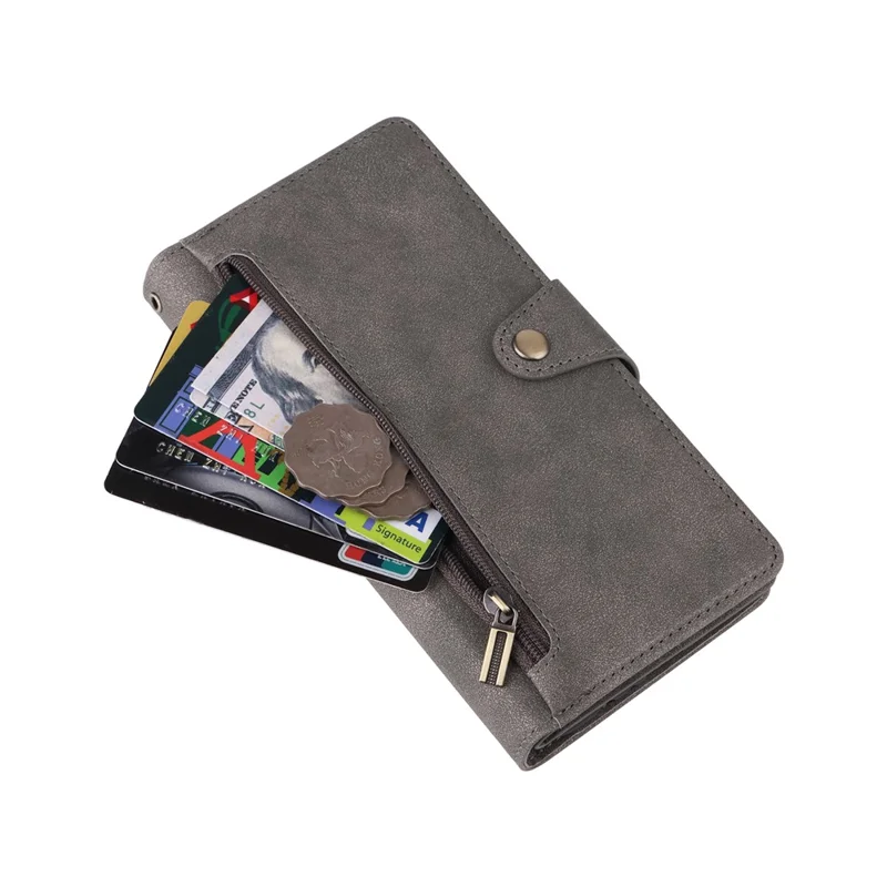 For Samsung Galaxy S25 FE Case Zipper Wallet Rivet Decor Leather Phone Cover with Wrist Strap - Grey