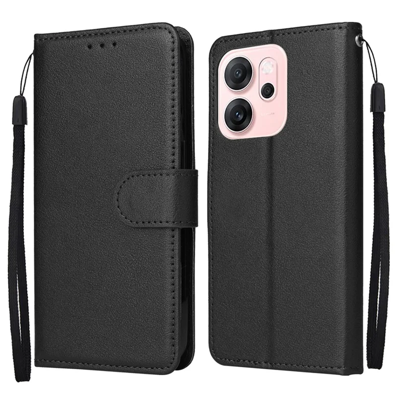For Oppo Reno14 F 5G Case Wallet Stand PU Leather Phone Cover with Wrist Strap - Black