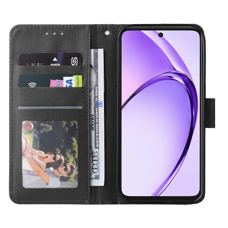 For Oppo Reno14 F 5G Case Wallet Stand PU Leather Phone Cover with Wrist Strap - Black