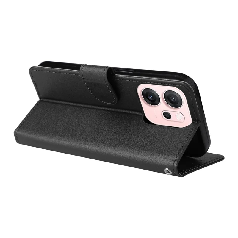 For Oppo Reno14 F 5G Case Wallet Stand PU Leather Phone Cover with Wrist Strap - Black