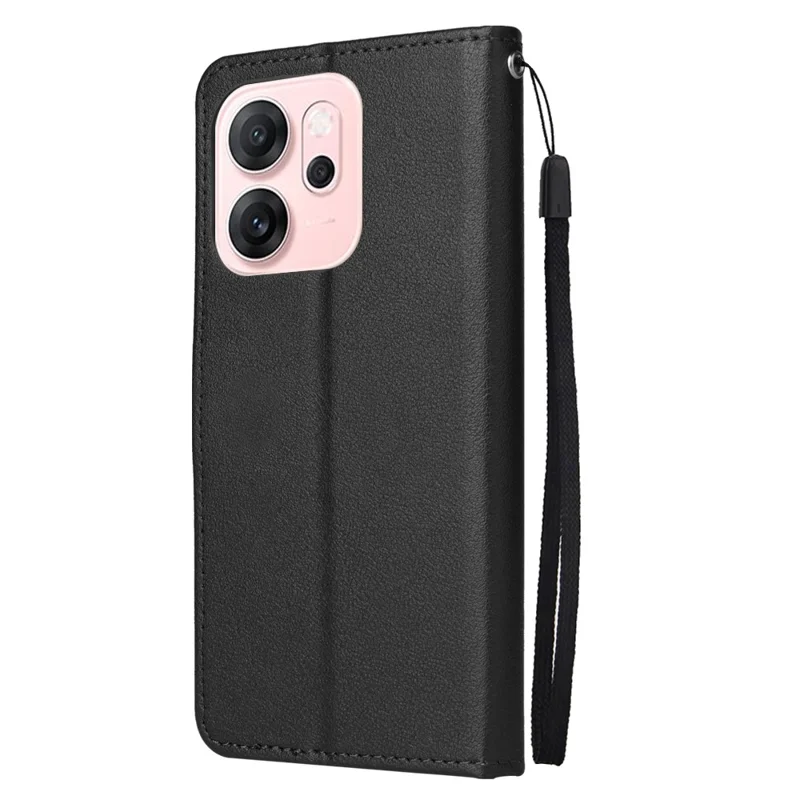 For Oppo Reno14 F 5G Case Wallet Stand PU Leather Phone Cover with Wrist Strap - Black