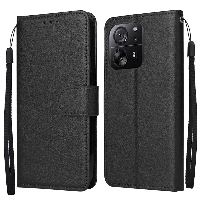 For Xiaomi 13T / 13T Pro Case Wallet Stand PU Leather Phone Cover with Wrist Strap - Black