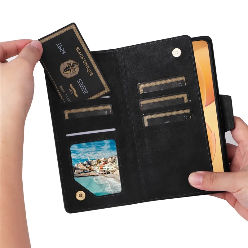 For Xiaomi 14T Pro Case Zipper Wallet Rivet Decor Leather Phone Cover with Wrist Strap - Black