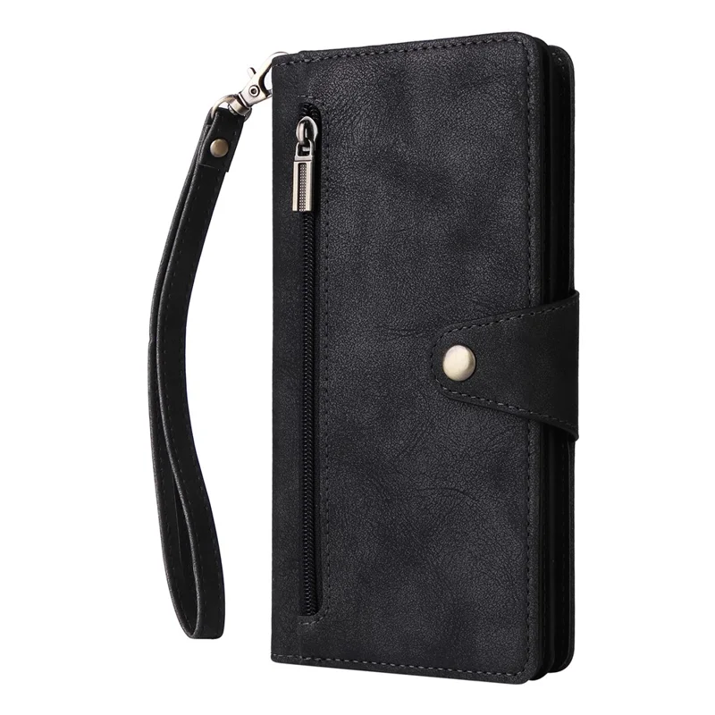 For Xiaomi 14T Pro Case Zipper Wallet Rivet Decor Leather Phone Cover with Wrist Strap - Black