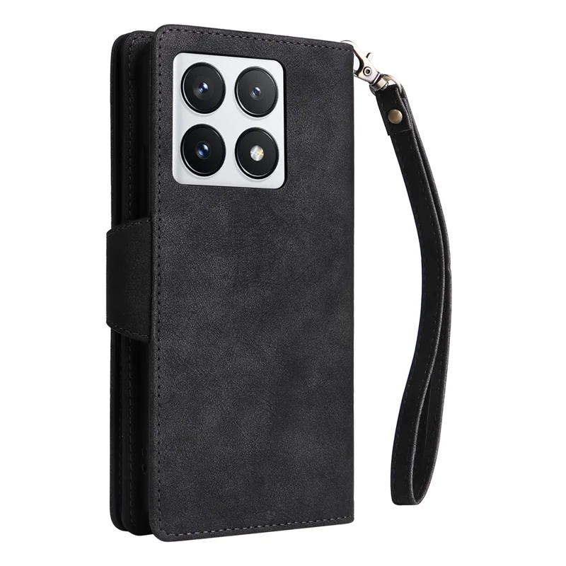 For Xiaomi 14T Pro Case Zipper Wallet Rivet Decor Leather Phone Cover with Wrist Strap - Black