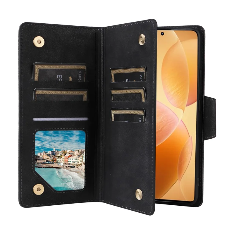 For Xiaomi 14T Pro Case Zipper Wallet Rivet Decor Leather Phone Cover with Wrist Strap - Black